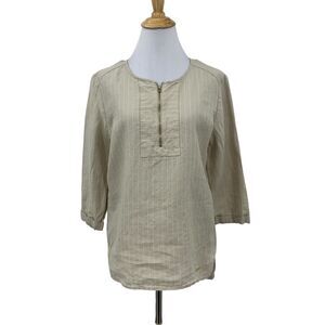 Ellen Linen Tracy Top Womens S Small Oat Pin Striped Tassel Zip Quarter Sleeve